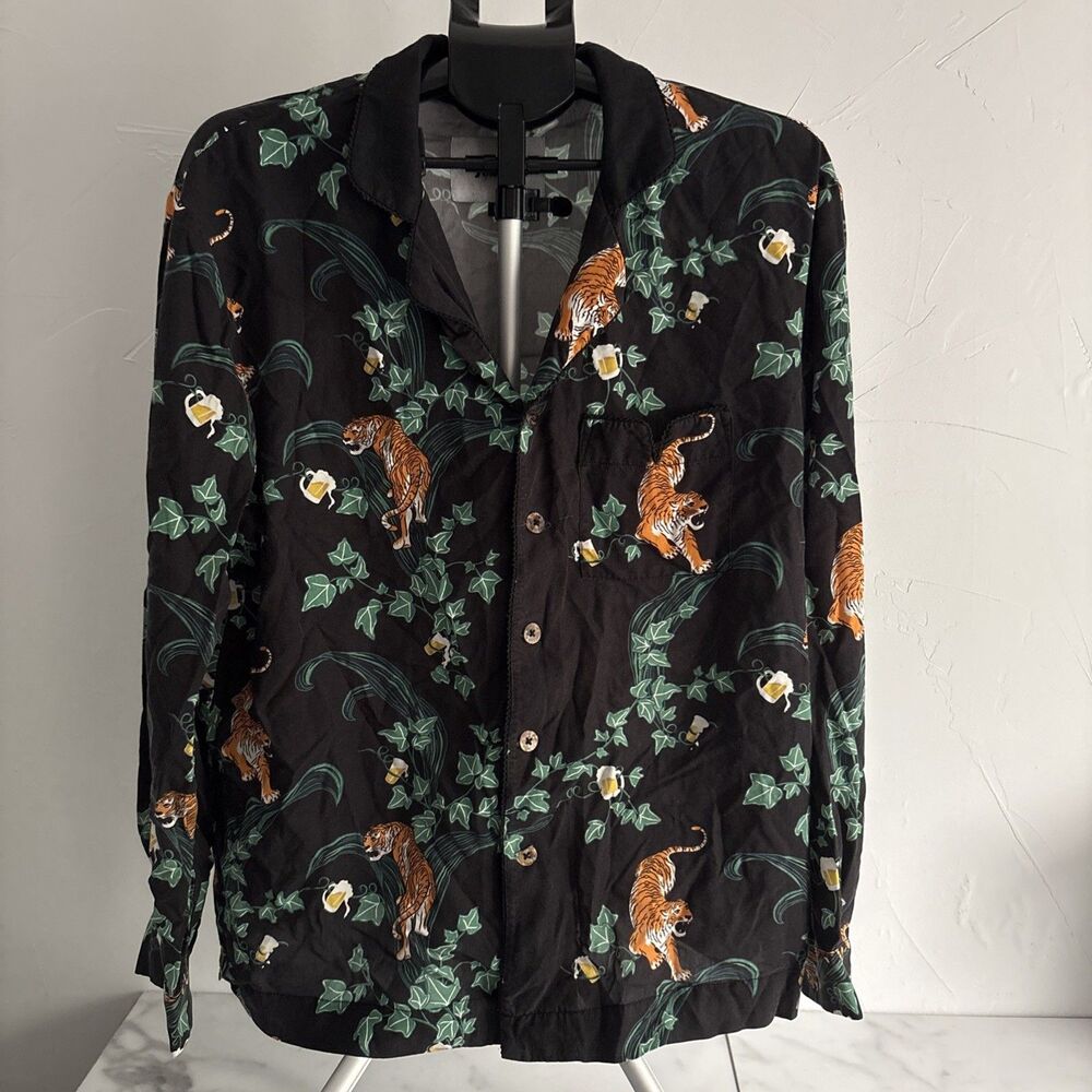 Tombolo "Pub Tiger" Tencel Long Sleeve Shirt L Black Ivy Beer Mug Camp Collar